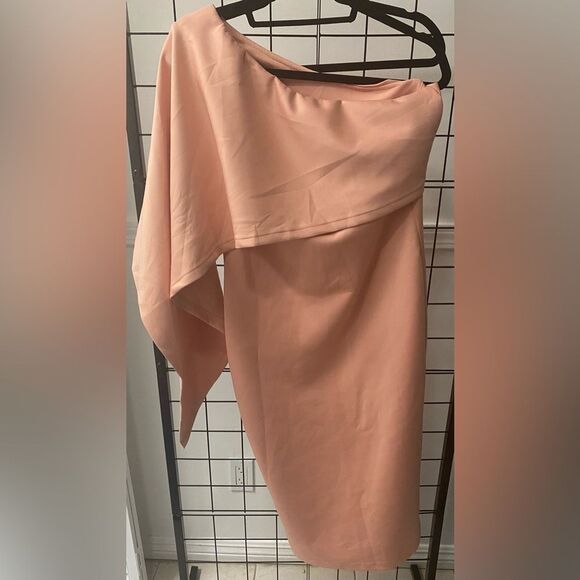 Asymmetrical sleeved pinkish nude bodycon midi dress NWOT - Picture 5 of 9